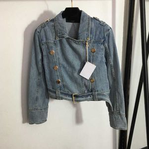 23ss roupas de grife femininas jaqueta jeans casaco B letra trespassado cinto dobrado cintura estilo couro lapela manga longa casaco jeans roupas femininas a1