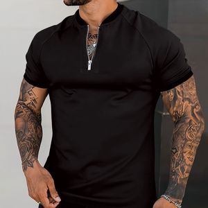 Erkekler moda moda erkekler tişört kısa kollu fitness yuvarlak boyun düz renk fermuar gündelik polo gömlek erkek spor büyük boyutlu ince fit üstleri 230407