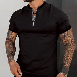 Män s t skjortor mode män t shirt kort ärm fitness rund hals fast färg blixtlås casual polo skjorta mens sport stor storlek smal passform 230407