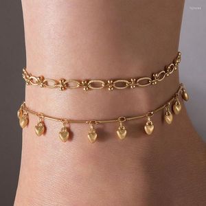 Anklets 2st/set Bohemian Tassel Love Pendant Foot Chain Women's Geometric Metal Ball Buckle Beach Style Jewelry Anklet Set 23114