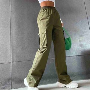 Kvinnors byxor capris armé grön last för kvinnors hög midja breda benbyxor stora fickträning streetwear casual jogging outfits joggersl2403