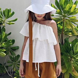 T Shirts 100 Cotton Muslin One Shoulder Girls Top Summer Children Ruffle Casual Boho Beach White T Shirts For Youth Girl TZ039 230407