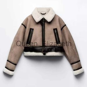 Women's Down Parkas 2024 Autumn Winter Women Y2K Faux Fur Coat Patchwork Short Jacket Woman Bomber Jacket Long Sleeve Zip Up Fleece Cropped Jacket J231107