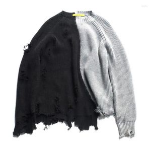 Erkek Sweaters Sonbahar Kış Men Yırtık Delik Patchwork Büyük Boy Knited Sweater Düzensiz Tasarım Hip Hop Punk Giyim Kadınlar Vintage