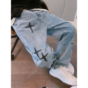 Jeans masculinos Jeans Spring e Autumn Korean Fashion Street Hiphop Style Calça Mens Tubo reto Pontas de perna larga larga Bordado 230406