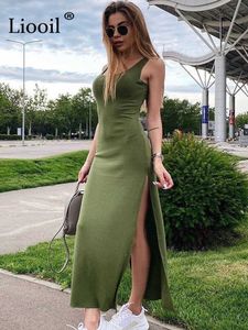 Casual Dresses 95% Cotton Sexy BodyCon Slit Midi Women's T-Shirt Dress 2023 Streetwear Green Black Basic Casual Summer Sundress Tank Dresses P230407