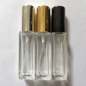 Partihandel Parfumglassprayflaskor 10 ml parfym smink container med guld silver svart fin dimsprutning