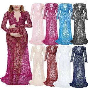 Casual Dresses Women Deep V Neck Long Sleeve Lace Evening Party Dress Sexy Female Pregnant Transparent Patchwork
