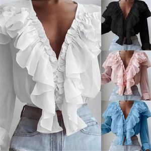 Men's Jackets Spring Women White Ruffle Blouse Long Sleeve Top Chiffon Shirt Work Casual Lady Solid Color Pink V-neck Blouses Tunic Clothes