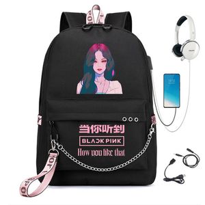 Torby szkolne modne czarne plecaki różowe dziewczęta Travel Laptop Sain Sainpack Słuchawki Port USB 230407