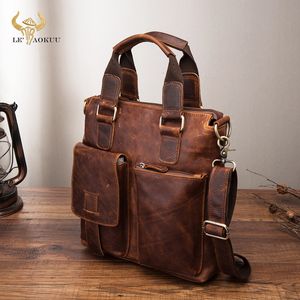 Briefcases Men Quality Leather Antique Retro Business Briefcase 12" Laptop Case Attache Portfolio Tote Shoulder Messenger Bag B259 230407