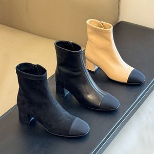 Toppkvalitet fårskinn sido blixtlås chunky block klack ankel stövlar mode booties kattunge klackar lyx designer stövlar klänning skor fabrikskor skor