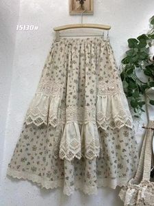 Skirts Japan Cotton Linen Pleated Cottage Skirt Boho Casual Summer Women Long Floral Lace Embroidery Lady Chic Midi Faldas