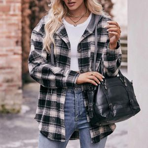 Women's Blouses Print Hooded Shirts For Lady Autumn Flannel Plaid Shirt Jacket Long Sleeved Cardigan Blouse Loose Button Tops