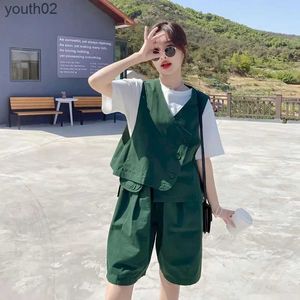 Women's T-Shirt Casual Sets Women Summer 2023 New Short Sleeve T Shirt Shorts and Vest Fashion Active Three Piece Set Loose Outfits Vests Suits ZLN231108