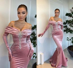 Mermaid Evening Pink Dresses Veet Off Shoulder Long Sleeves Crystals Formal Ocns Pageant Birthday Party Prom Celebrity Gowns Second Reception Dress