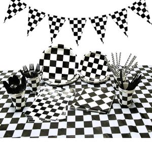 使い捨てディナーウェアブラックホワイトレーシングパーティーペーパープレートカップナプキンズチェッカーレースカーの食器セットキッズバースデー装飾