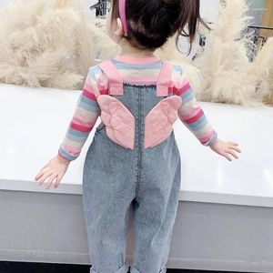 Set di abbigliamento 2023 Set da bambina per bambina Top a righe Maglione Camicie Ali 3D Tuta Jeans Pantaloni Bambini Primavera Autunno Abiti da principessa