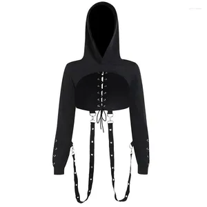 Hoodies femininos simples punk gótico manga longa ilhó recortado topo com capuz camisa topos meninas com alças fivelas e rendas até trás