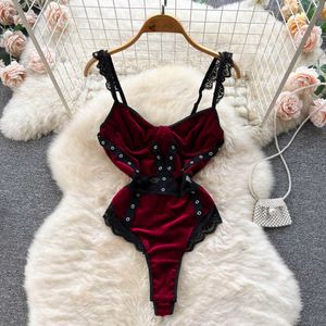 Nxy kadınlar seksi iç çamaşırı bodysuit fırfırlı dantel siyahsız ince playsuits fitnes kadife erotik şehvetli bodysuits 230328