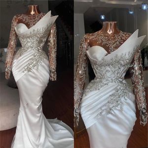 Sheer O Neck evening dresses 2023 White Satin Beaded Pleats With Full Sleeve Long Mermaid Plus Size prom gown Robe De