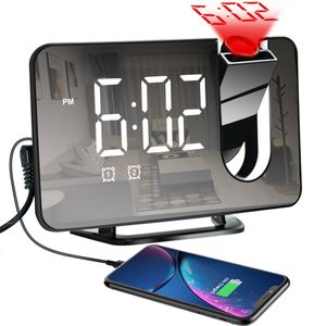 Timers projektion Alarmklocka stor digital LED Displayklocka Snooze FM Radio USB-klocka med 180 ° Roterbar projektor, allt-i-ett-studie, kontor, vardagsrum sovrum