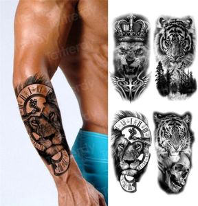 Vattentät tillfällig tatuering klistermärke Lion King Crown Cross Tiger Pattern Fake Tatto Flash Tatoo Black Body Art for Kids Women Men 28974675