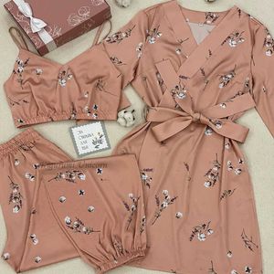 Kvinnors sömn lounge bomullsblomma tryck pyjamas set mantel sömnkläder kostym kvinnors siden satin bh pijama klänning v-hals cami nighties hem nightdress 3pc p230408