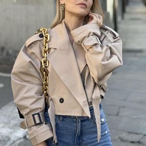 Damjackor PTYSIC Dam Vintage Oversize Cropped Trench Coat Långa ärmar med flikar Bälte Dubbelknäppt jacka