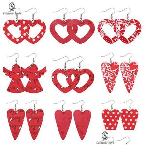 Dangle Chandelier Christmas Pu Leather Earrings For Women Fashion Red Heart Hollow Printing Oval Earring Jewelry Gif Dhirj