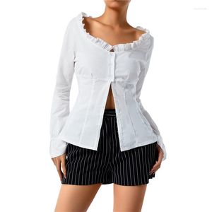 Blouses feminina feminina Cardigã casual Blusa Sólida Cor de manga comprida BOOT RUFLY RUFLE SLIM FIT RUFFLED TOPS TOPS CAMANHAS PARA SPRINHA