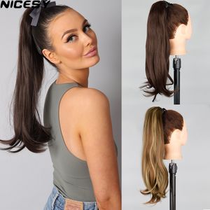 Ponytails Synthetic Long Straight Natural Wavy Ponytail Wrap Around Ponytail Clip in Hair Extensions Black Brown mixed color Hairpiece 230407