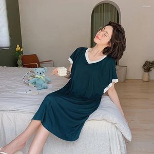 Women's Sleepwear Summer Loose Nightgown Women Patchwork Color Short Sleeve Pullover Nightwear Casual Sexy Gown Simple Home Clothing