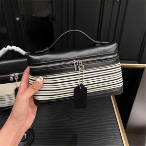 Loro Lunch Mini Box Bag Women Streak Makeup Bag Extra Pocket Pouch L19 med bred öppning utformad från smör Soft Calf Leather and Canvas Stripe LP Bags Women