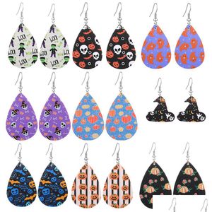 Dangle Chandelier Halloween Leather Earrings For Women Water Drop Pumpkin Ghost Hand Hat Skl Bat Lantern Doublesided Printed Dhmcb