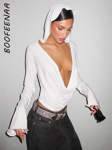 Womens TShirt BOOFEENAA Casual Deep V Cowl Neck Hooded Tshirt for Sexy Long Sleeve White Sheer Crop Top 2000s Clothes Y2k Tees C85BB21 230408