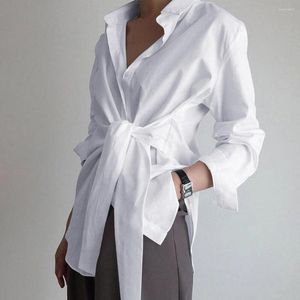 Women's Blouses Fashion OL Women Shirt Blouse Long Sleeve Ruched Solid Color Tie Front For Office Ladies Elegant Autumn White