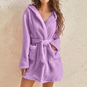 Kvinnors sömnkläder Soid Color Warm Winter Robes For Ladies 2023 Plush Pyjamas With Belt Women Hooded Homewear Bathrobe