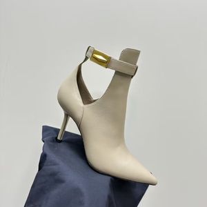 Damen-Designer-Kleidschuhe aus echtem Leder, modisch, spitz, sexy, seitliche Leckage, Metallschnalle, High-Heel-Stiefel, Show-Party, Hochzeitsschuhe, passende Box, 35–40