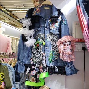 Women's Jackets Fashion Diamond Mesh Patchwork Sequin Flowers Denim Coat 2023 Spring Autumn Casual Long Sleeve Jeans Jacket Women