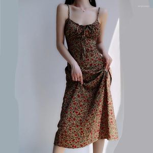 Casual Dresses Summer Red Floral Print Spaghetti Strap Dress Women White Elegant Sleeveless Sexy Tie Neck Beach Party Long Yellow Light