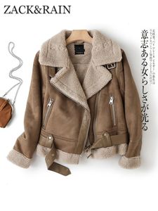 Women's Fur Faux ZACK RAIN Brown Jacket For Women 2023 Winter Vintage Integrated Lapel Long Sleeves Jackets Female Outwears Chic 231108