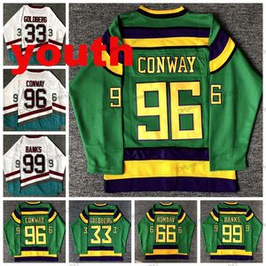 Giovani Kids Mighty Ducks Movie Hockey Jersey #96 Charlie Conway #99 Adam Banks #66 Gordon Bombay #33 Greg Goldberg Maglie Goldberg Cucite White Green Nome Custom Nome Nome