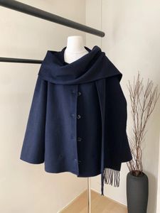 Casacos de trincheira feminina O outono da moda e o inverno Casual Pullovers todos combinam com capa de lã azul escura vem com capa de cachecol