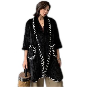 Женское длинное меховое пальто из искусственного меха в стиле норки, плетеное длинное меховое пальто с лацканами, женская мода на осень и зиму, свободная тонкая рубашка 231108