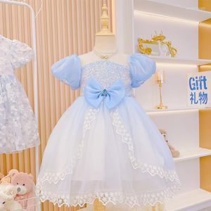 Etniska kläder Fairy Princess Blue Sequin Dress Bow Baby Girl 1st Birthday Party Ball Gown Wedding Dresses