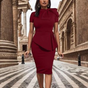 Casual Dresses 2023 Elegant Party Dress Prom Bow O Neck Short Sleeve Slim Midi Lady Bodycon Office Work for Women Clothing