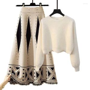 Рабочие платья, женские осенне-зимние теплые вязаные комплекты из двух предметов, корейский пуловер с длинными рукавами, свитер, топ и юбки с высокой талией
