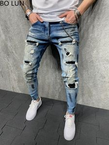 Mäns jeans herrskinniga jeans män lackerade elastiska passformar nödställda veckade knäplåster denim pants varumärke casual byxor 230407