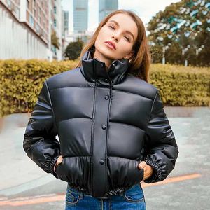Women's Jackets Quilted Leather Jacket 2023 New Women Winter Warm Parkas Stand Collar Cropped Thick Coat Cotton-Padded Bread Jacket OutwearL23116